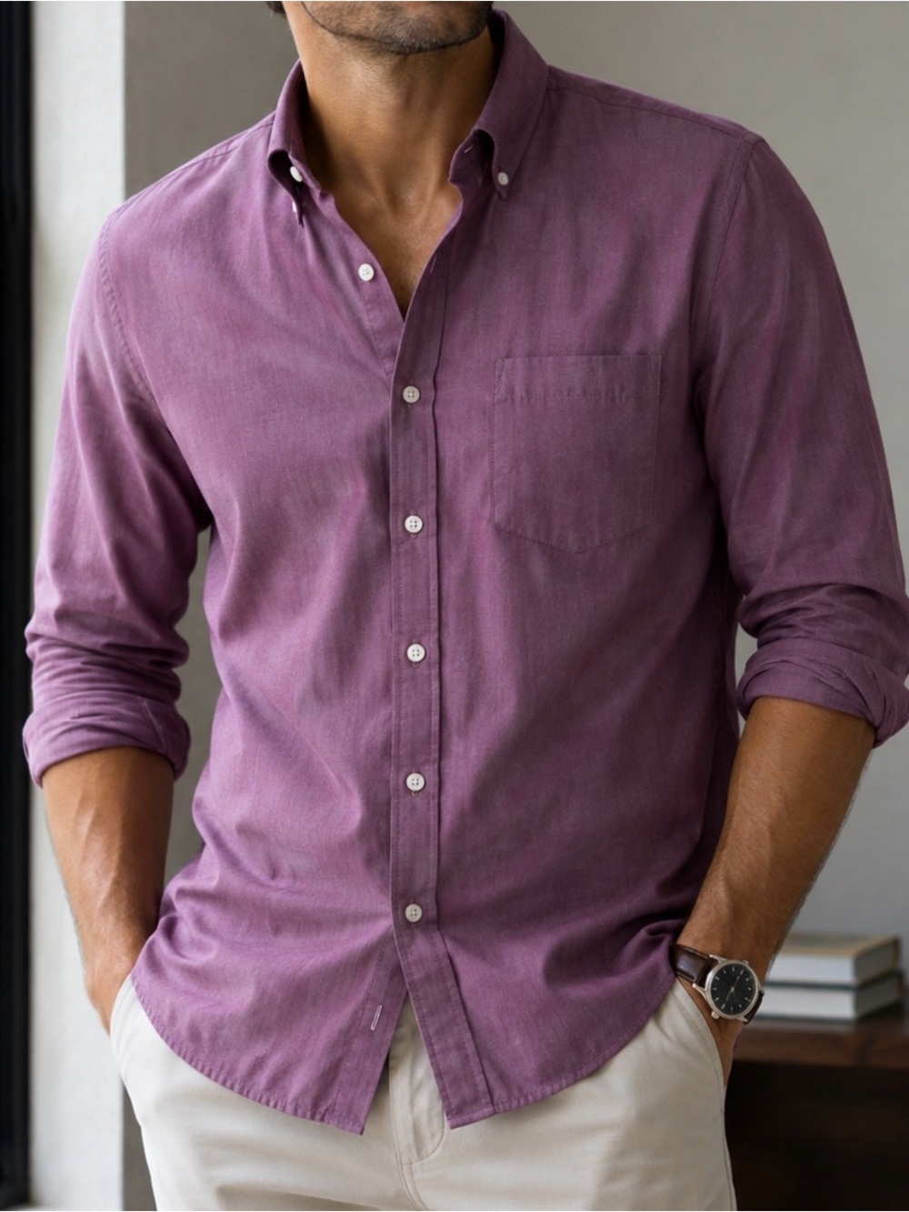 Classic‎ Long-Sleeve Dress Shirt in Plum by Stafford